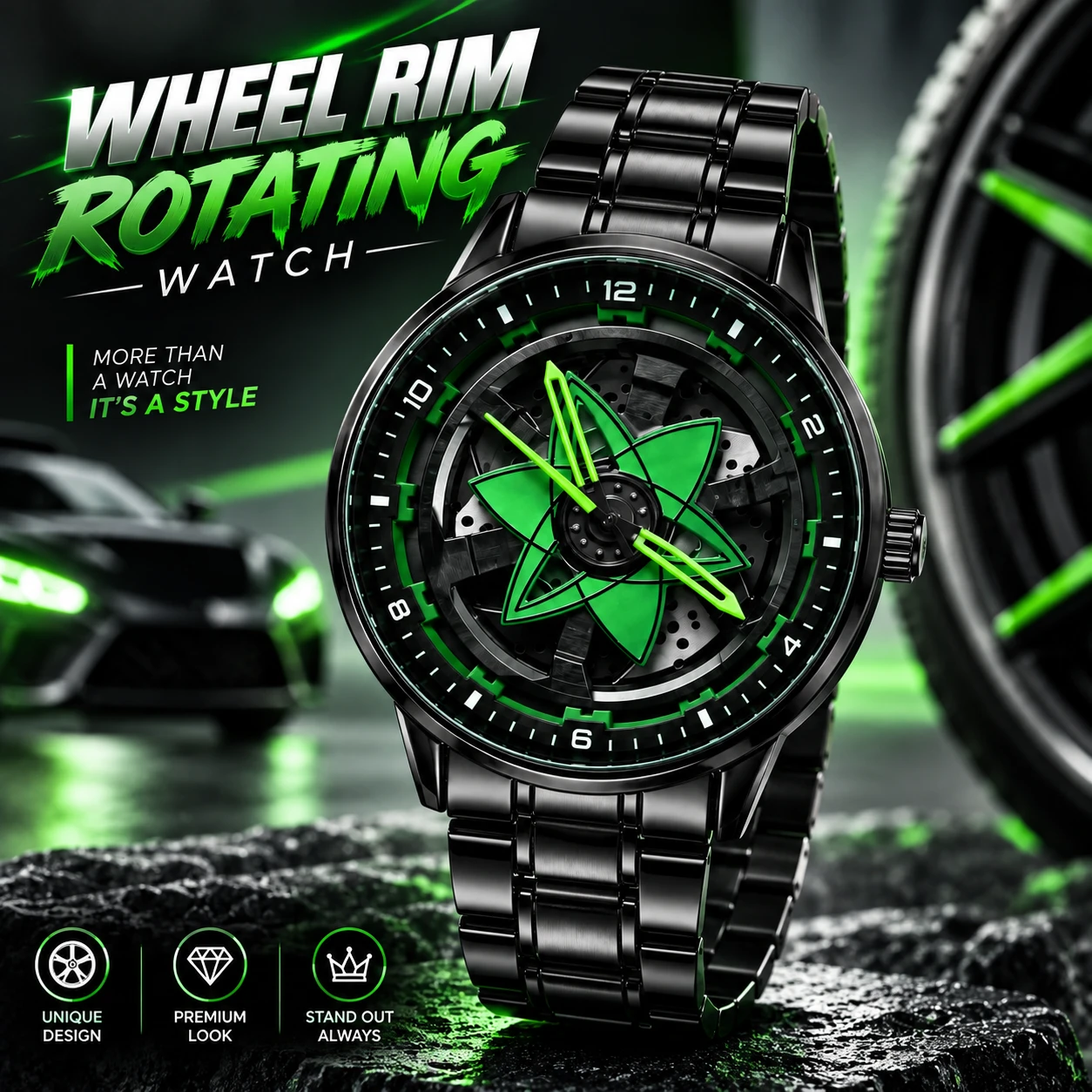 360° Rotating Car Wheel Rim Quartz Watch – Matte Black Metal Sports Wristwatch, 3D Alloy Rim & Brake Disc Dial, Stainless Steel Strap & Scratch-Resistant Glass for Men