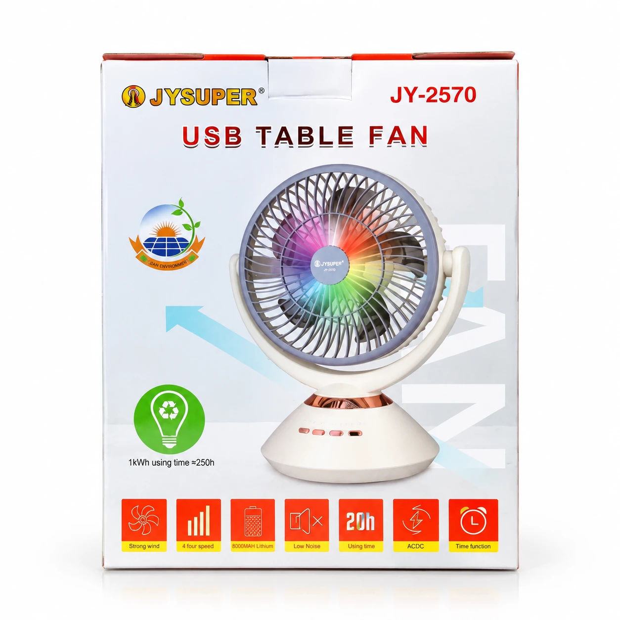 JYSUPER JY-2570 Rechargeable Stand/Table Fan with LED Light – 4 Speed Levels, 100° Auto Oscillation, 115° Tilt, Timer & Solar Panel Charging Support