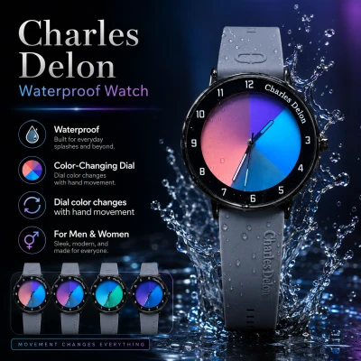 Charles Delon Waterproof Color-Changing Dial Watch for Him & Her – Unisex Blue Silicone Strap Gradient Dial Wristwatch
