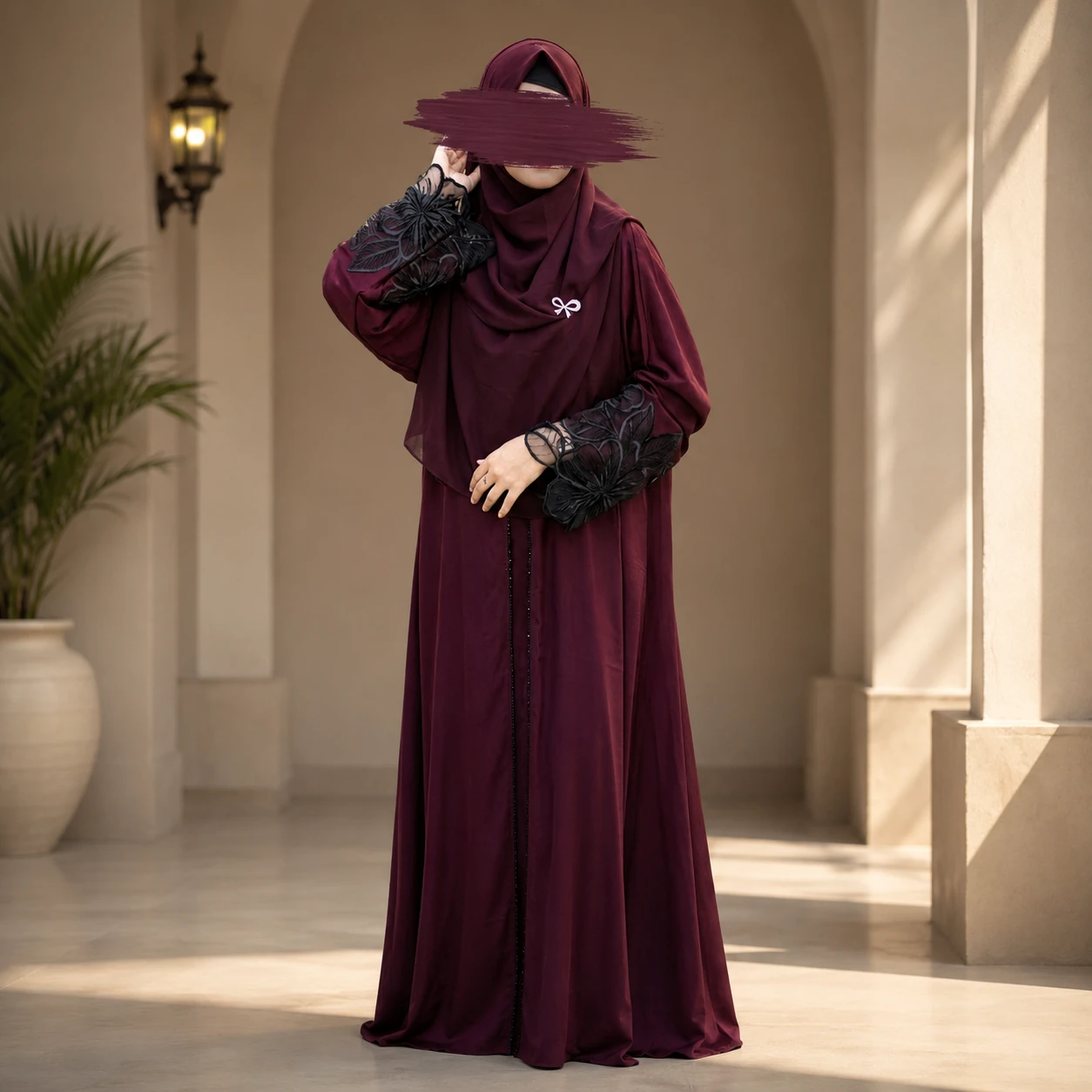 Premium Dubai Cherry Fabric: Elegant Lace Abaya Borka